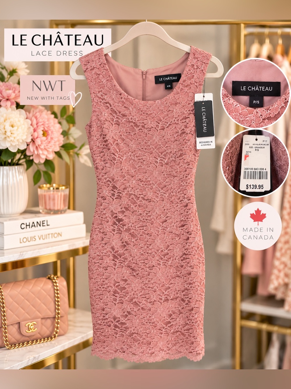 Le Château Dusty Rose Lace Dress | NWT | Made in Canada | P/S